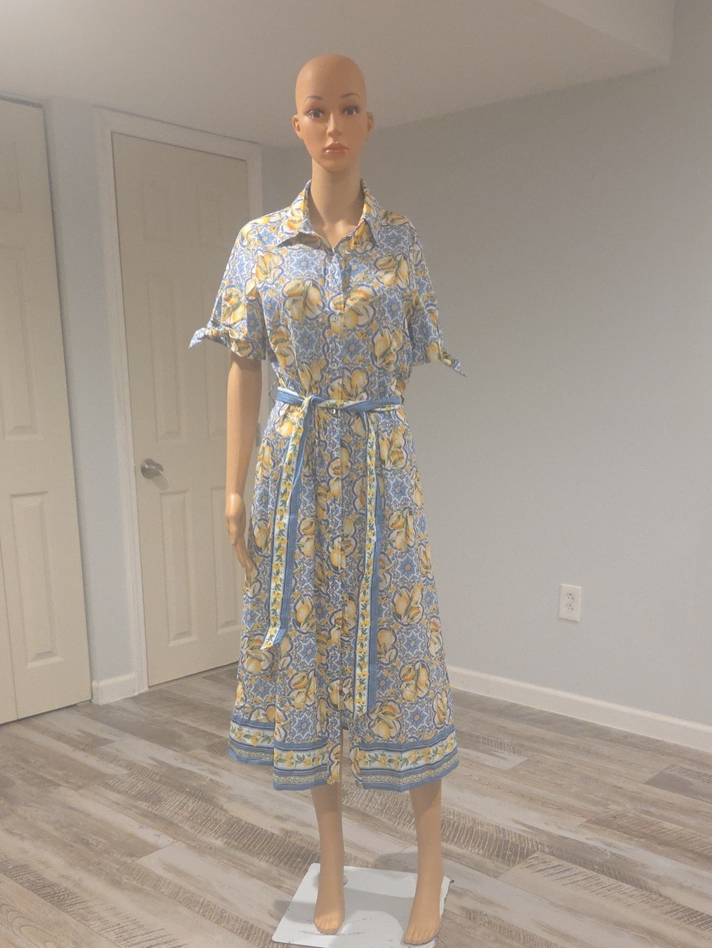 H&M Blue and Yellow Floral Tie-Waist Midi Shirt Dress